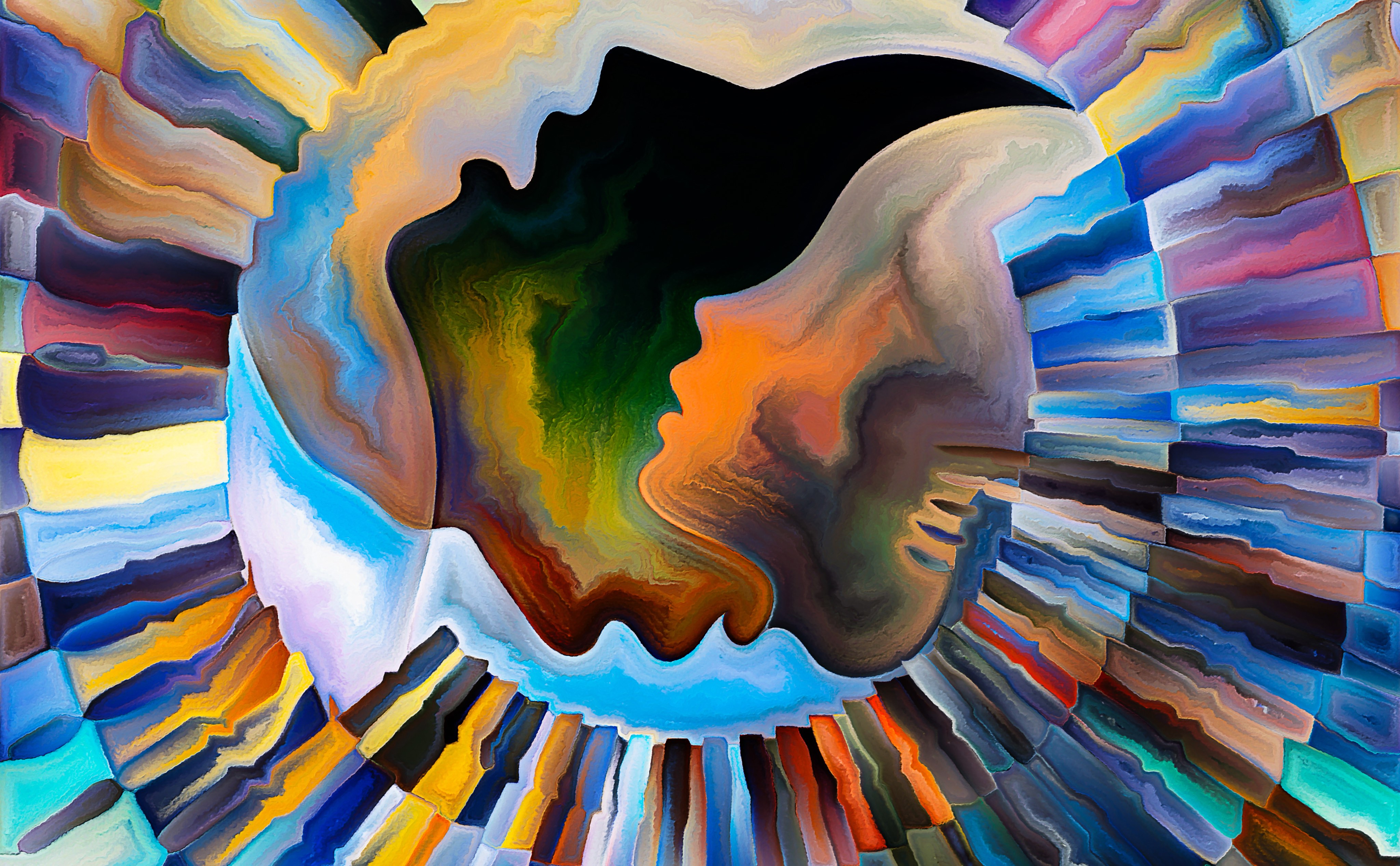 Abstract profiles of a face spins among layers of color.