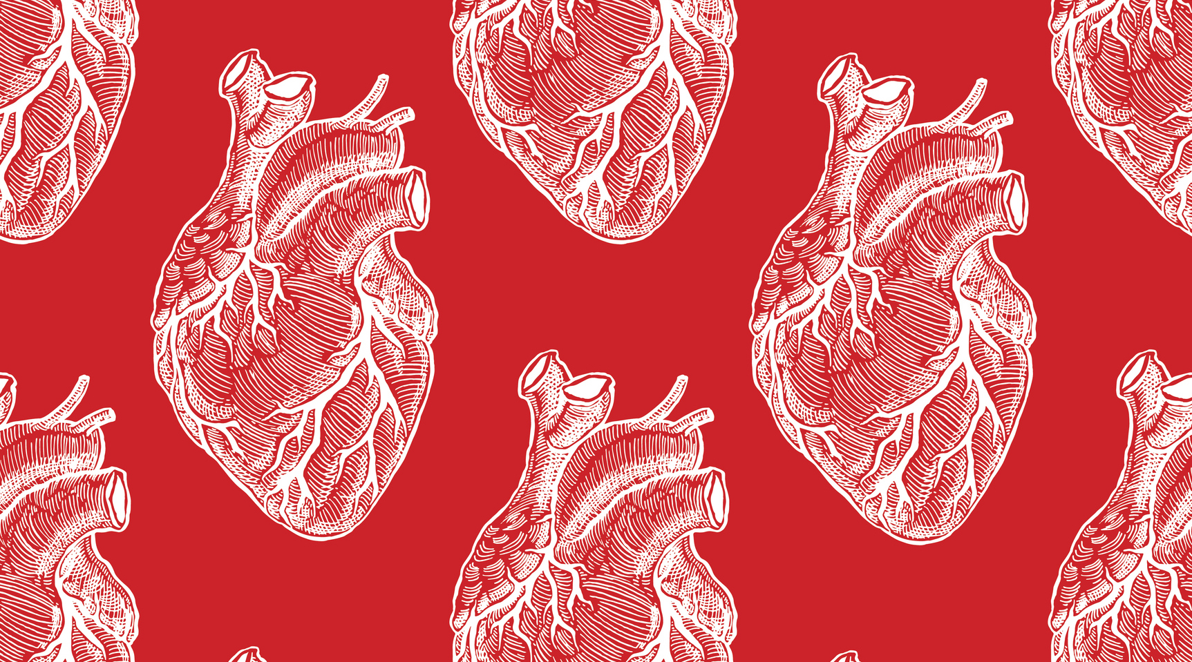 anatomical heart in a repeating pattern over a red background.