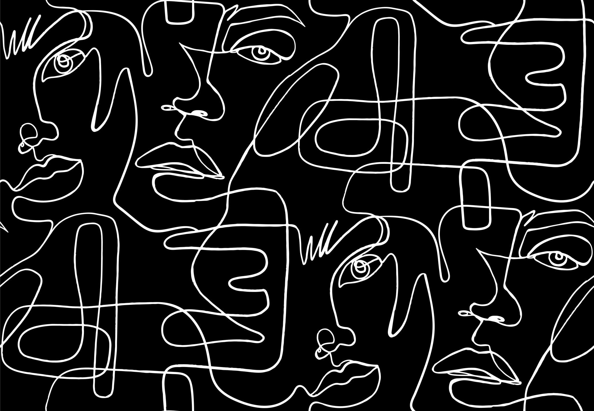 White fine line drawings of face shapes over a black background