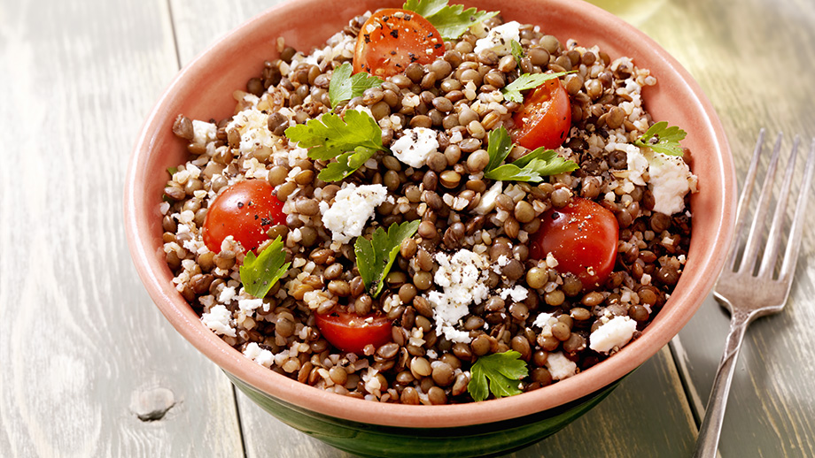 Photograph of a bowl of lentil salad