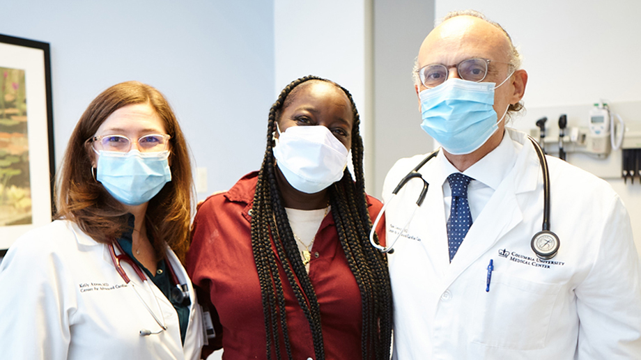 Patient Rachel Harper (center) with cardiologists from her NewYork-Presbyterian/Columbia care team, Dr. Kelly Axsom (left) and Dr. Paolo Colombo. (Photo courtesy of NYP)