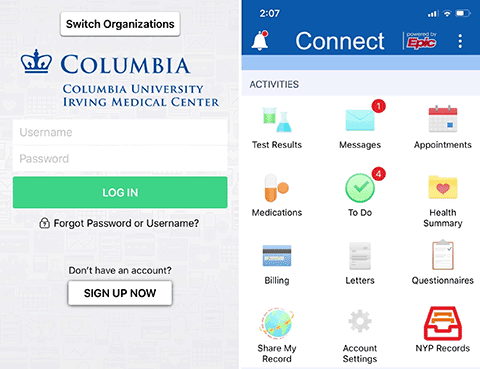 Login screen and home screen of the MyChart App, used by Columbia for video visits. 